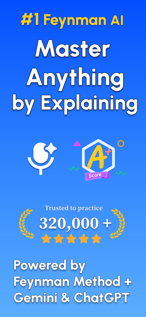 Feynman AI: Explain to Learn - Pantalla introductoria de la aplicación móvil Feynman AI con el lema Domina Cualquier Cosa Explicándola y altas calificaciones de usuario