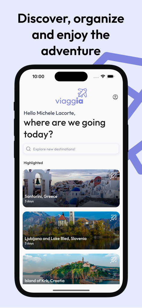 viaggIA AI 여행 플래너 앱 홈 화면으로 산토리니, 슬로베니아, 크로아티아의 여행지 옵션을 보여줍니다.
