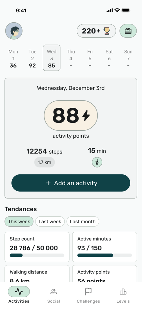 Propulsion - Propulsion mobile app dashboard showing daily activity points, step counts, and active minutes tracking for corporate wellness.
