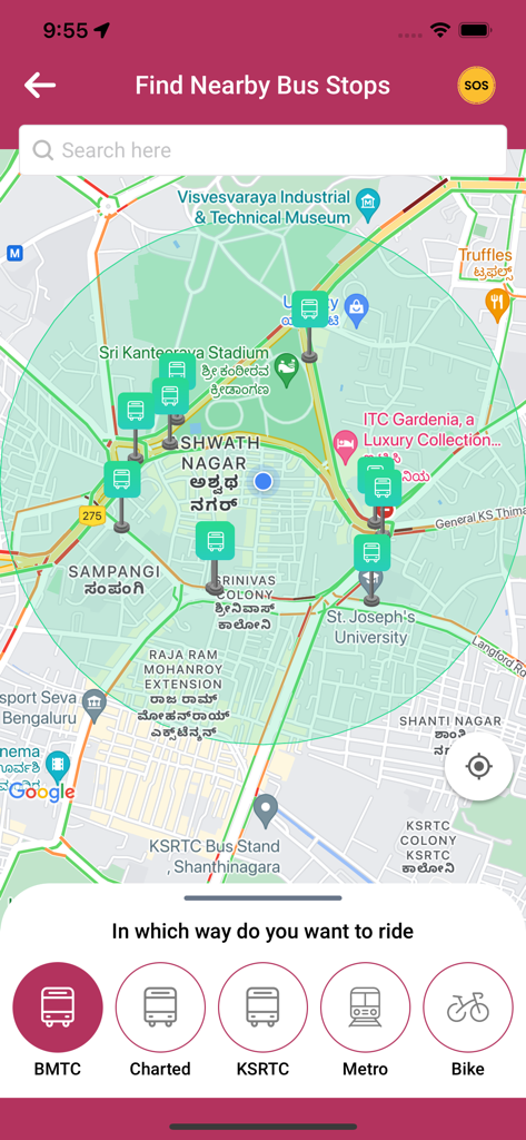 Namma BMTC - Map view in the Namma BMTC app displaying nearby bus stops and different transport modes.