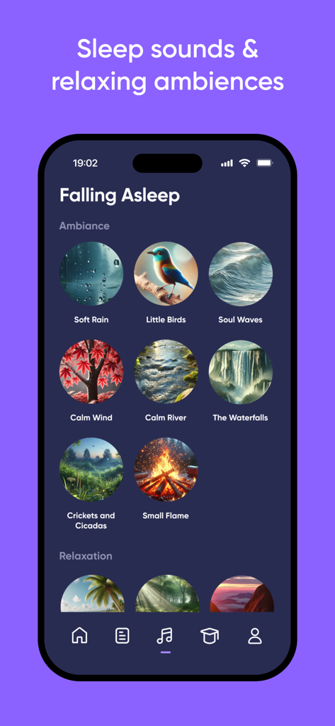 Dreamly: Dream Interpretation - Interface of the Dreamly app showing a selection of relaxing sleep sounds and ambiances like soft rain and waterfalls