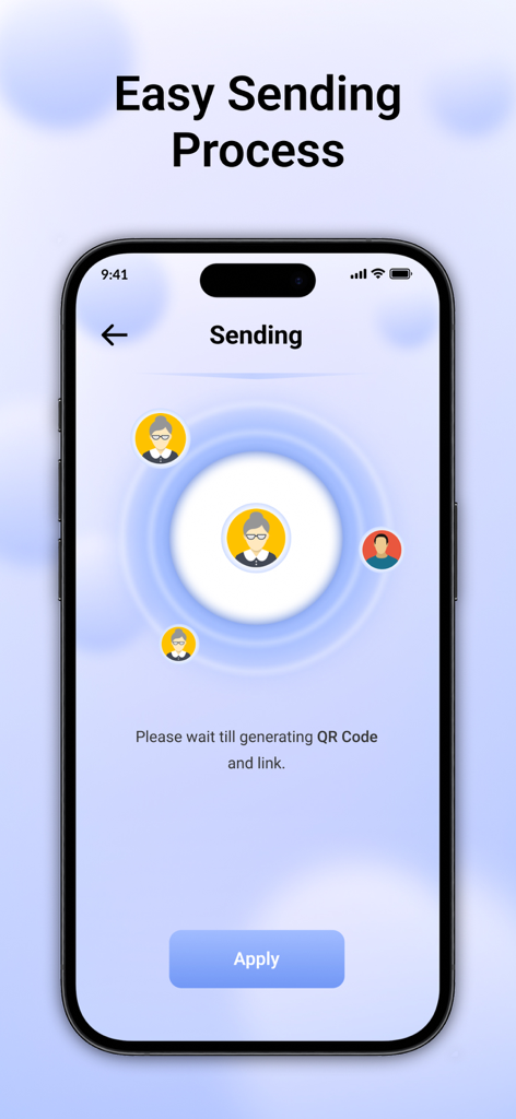 ShareMe – Fast File Sharing - Interfaz de la aplicación ShareMe mostrando el proceso de envío de archivos cercanos con avatares de contacto