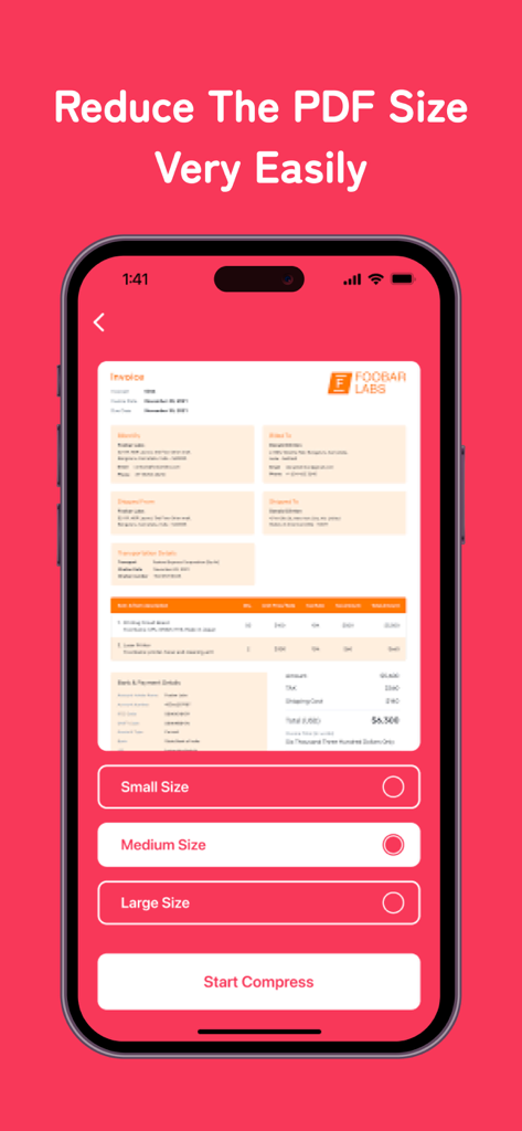 PDF Compress - Reduce PDF Size - Screenshot der PDF Compress App auf dem iPhone mit einer Dokumentenvorschau und Optionen zur Größenreduzierung.