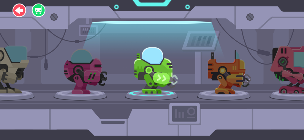 Dinosaur Coding Adventure Kids - Selection of colorful robot mechs in a futuristic hangar.