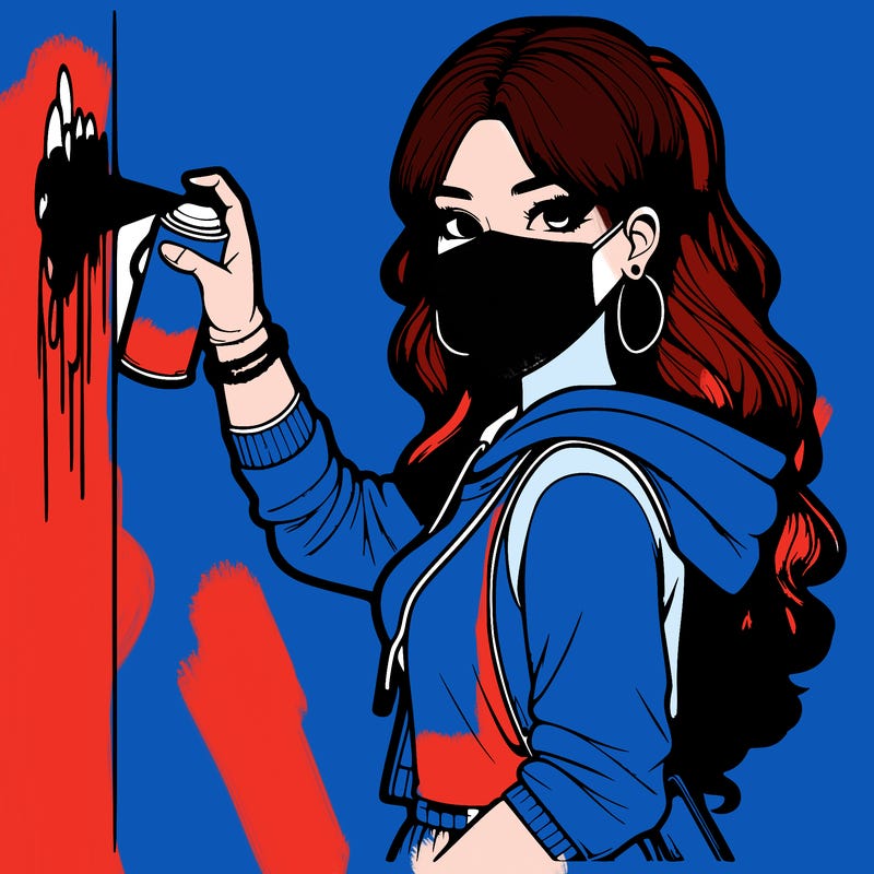 realistic girl with mask spray painting a wall