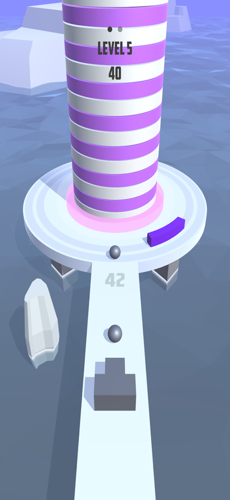 Fire Balls 3D - Fire Balls 3Dのゲームプレイ画面。縞模様のタワーにボールを発射する様子と、移動する障害物が表示されています。