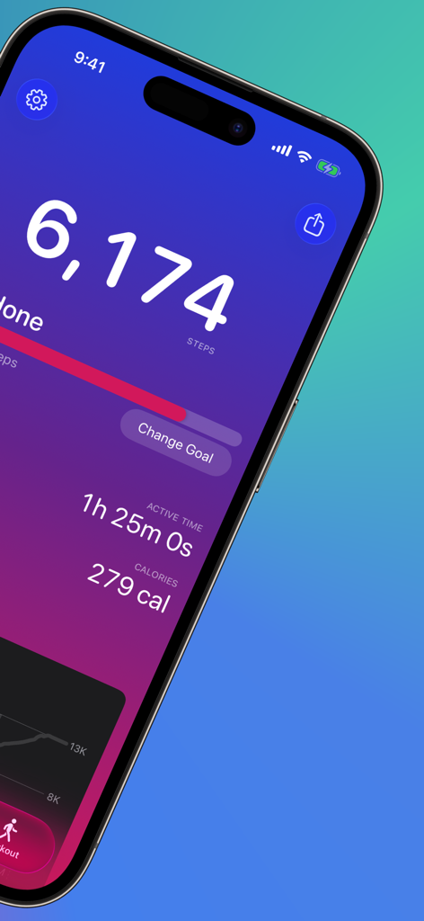 Steps app dashboard showing daily step count calories and active time on iPhone