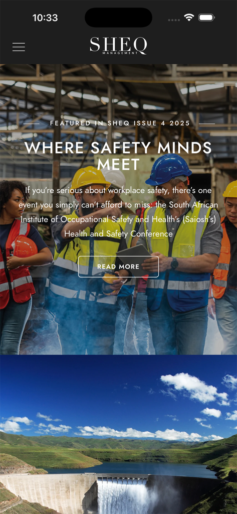 Interface do aplicativo Sheq Mag mostrando um artigo em destaque sobre segurança no local de trabalho com trabalhadores em equipamento de alta visibilidade