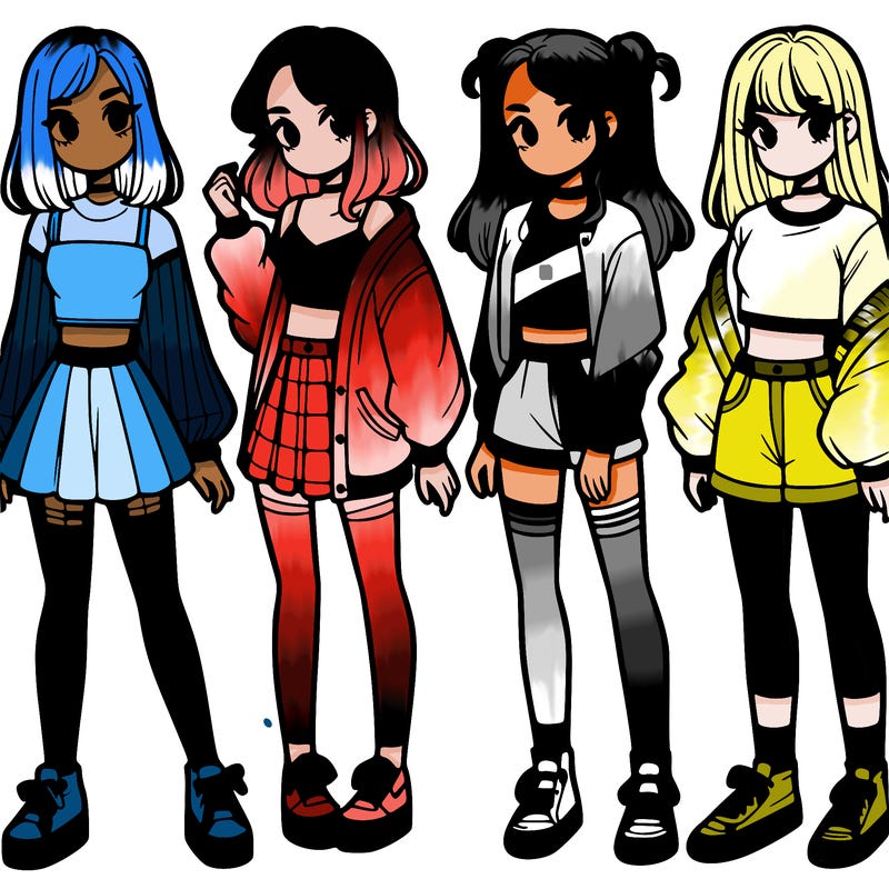 one girl with crop-top shirt and a jacket with a skirt, long socks and another girl with a shirt and pants with a jacket