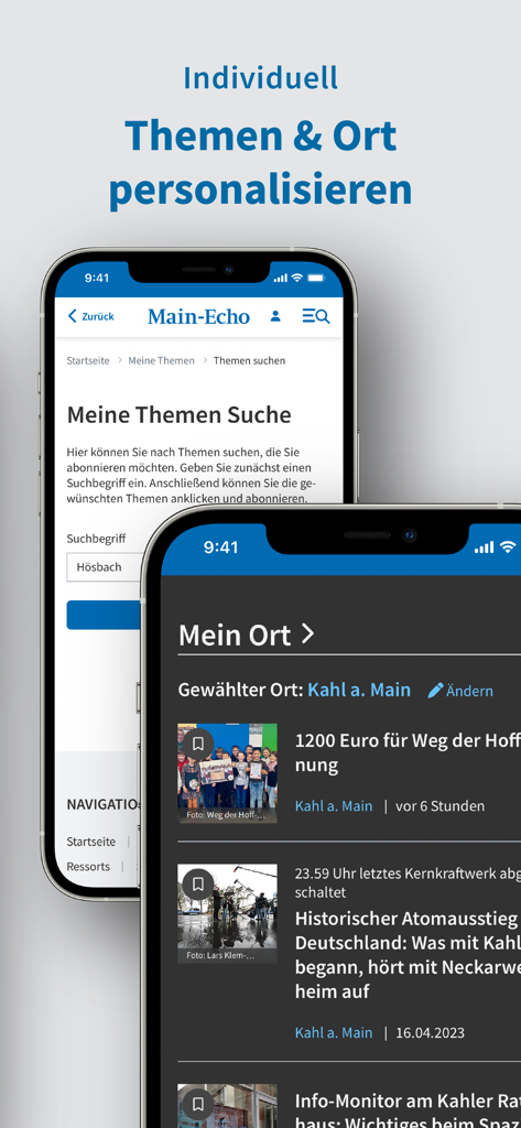 Main-Echo - Pantallas de smartphone de la aplicación Main-Echo que muestran opciones de personalización para temas de noticias locales y ubicaciones específicas como Kahl am Main.