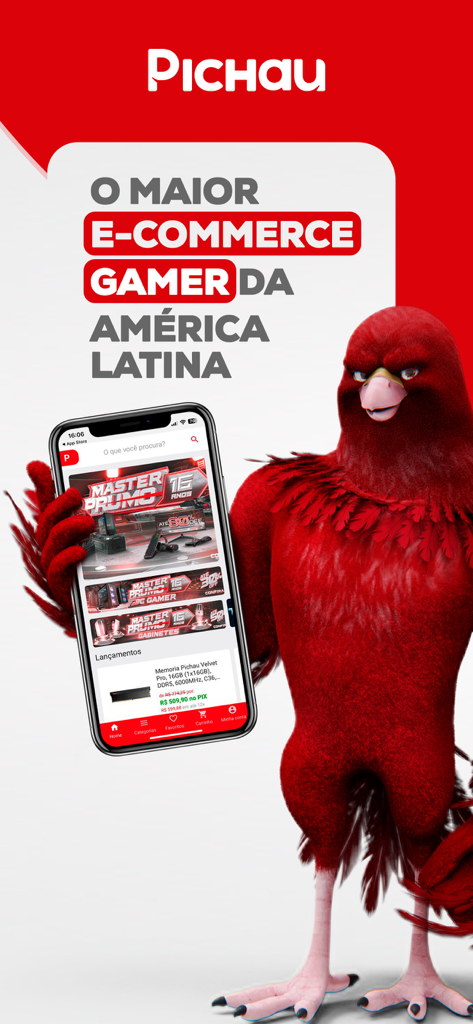 Pichau mascot holding a phone with the gaming store app