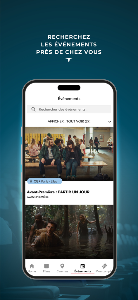 CGR Cinémas - CGR Cinémas mobile app interface for searching movie events and previews