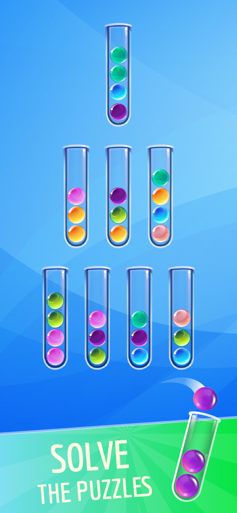 Gameplay of Ball Sort showing colored balls being organized into glass test tubes.