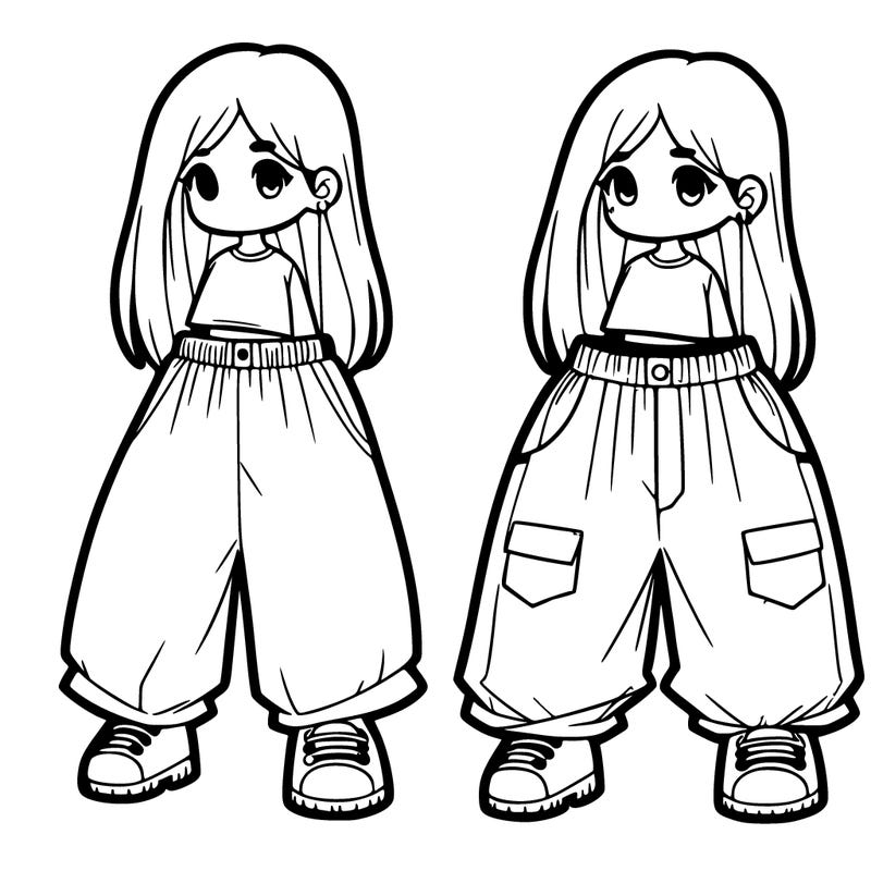 girl with baggy pants and top with long hair