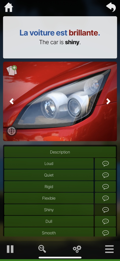 OUINO French (members only) - OUINO French app screen showing a lesson for descriptive adjectives with a red car image