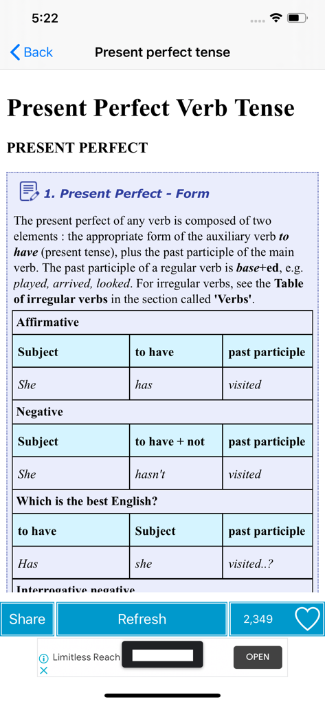 English Grammar in Use & Test - 現在完了時制の形成を、肯定文と否定文の例表で説明する教育的な画面。