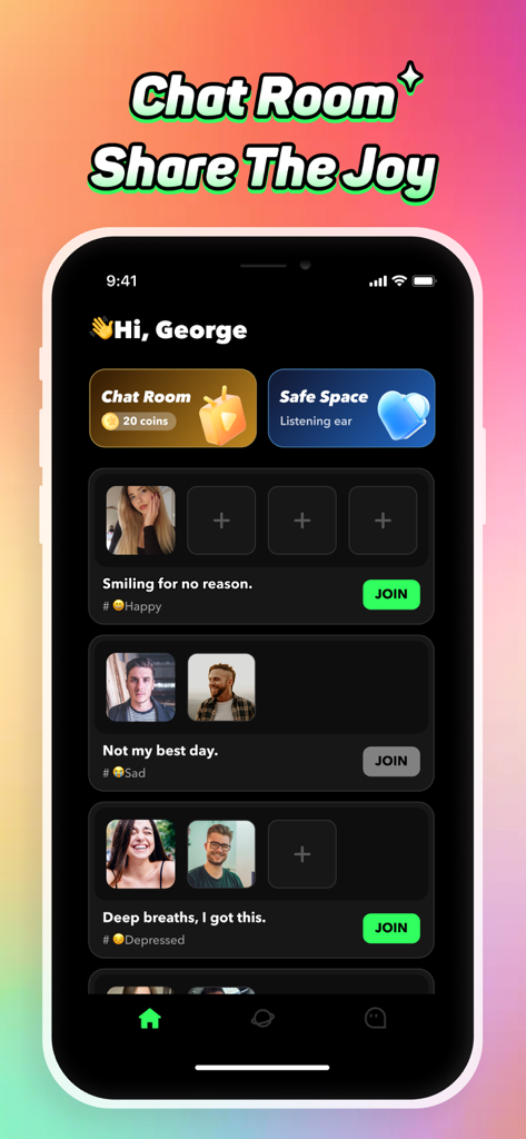 Lazzi app interface showing various themed chat rooms for different moods like happy and sad