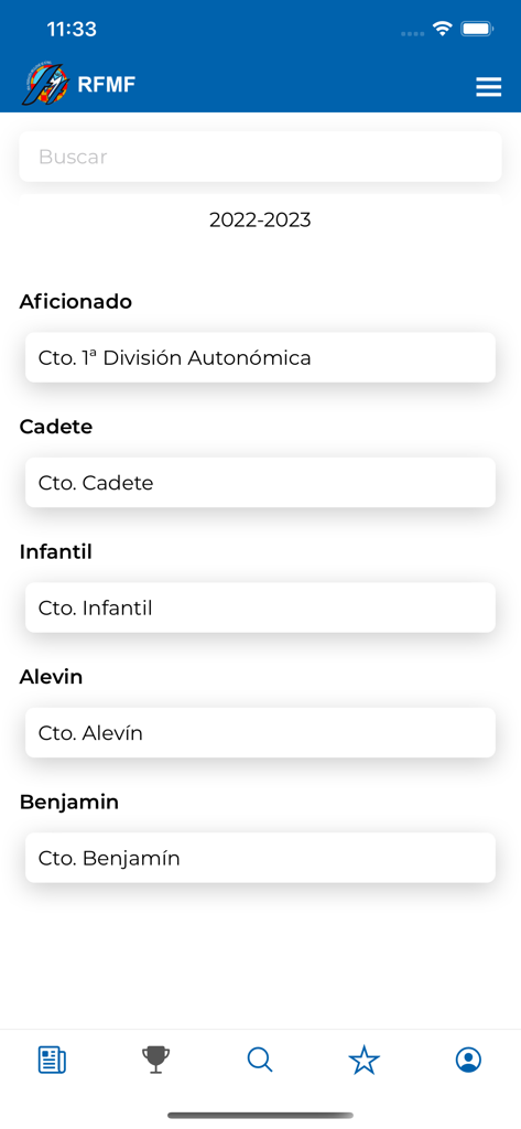 Interfaz de la aplicación RFMF que muestra categorías de ligas de fútbol regionales para varios grupos de edad en Melilla