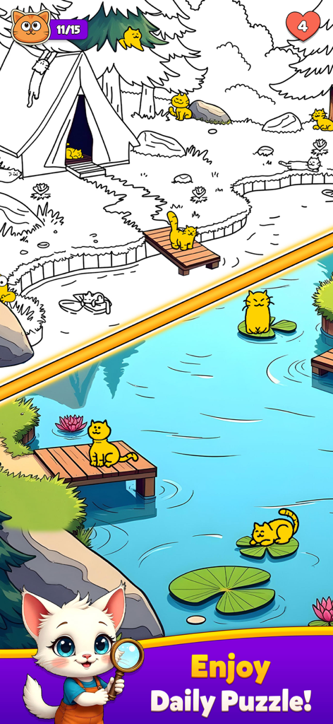 Spot The Cat- Hidden Objects - Ein Level eines Wimmelbildspiels mit gelben Katzen, die in einer Campingplatz- und Seenlandschaft mit einer weißen Katzenfigur, die eine Lupe hält, versteckt sind.