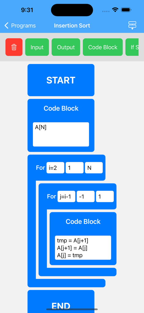 Flowcharts: Visual Compiler - Insertion sort logic built with nested loops and visual code blocks in the flowchart compiler app