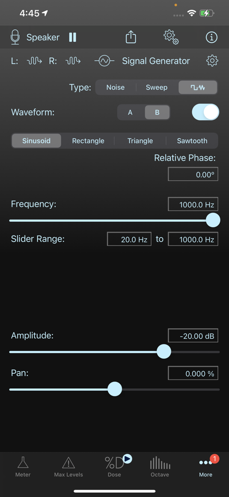 SoundMeter X - Oberfläche des SoundMeter X Signalgenerators mit Frequenz-, Wellenform- und Amplitudeinstellungen.