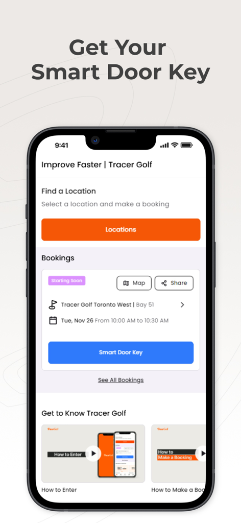 Tracer Golf - Interface de l'application Tracer Golf montrant les détails de la réservation et un bouton de clé de porte intelligente pour l'accès à l'établissement.