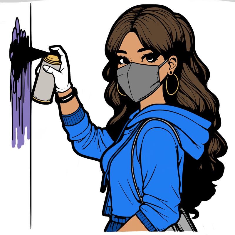 realistic girl with mask spray painting a wall