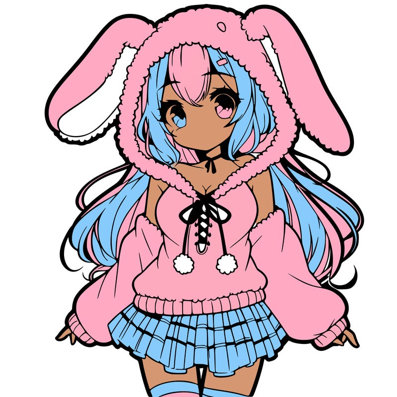 pretty anime girl wearing a fluffy hoodie with bunny ears on the hood and a skirt