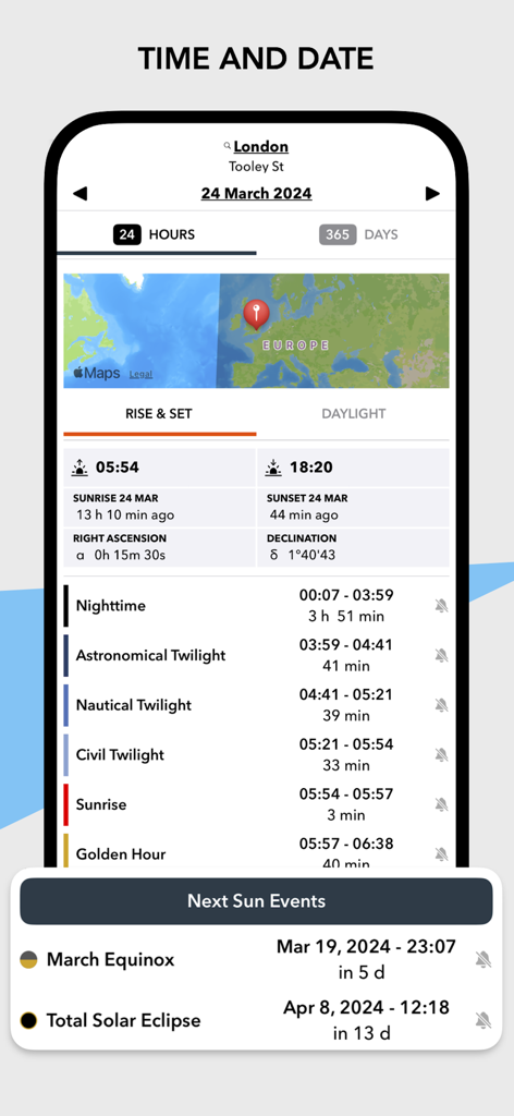 Solar Watch app displaying sunrise sunset and twilight schedules with a sun events list