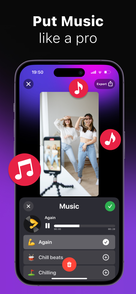 ClipClap: Video Clips Editor - ClipClap 앱 모바일 인터페이스, 댄스 동영상 클립에 배경 음악을 추가하는 방법 표시