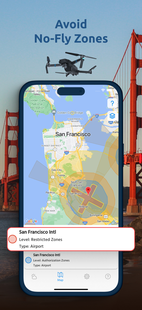 Dronecast: UAV & Drone Weather - サンフランシスコの地図上に飛行禁止区域を表示するDronecastアプリのスクリーンショット