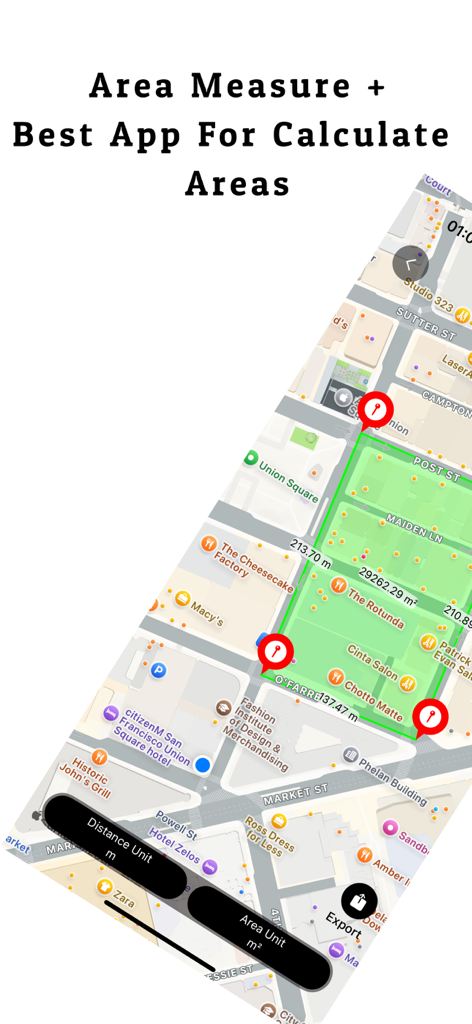 Interface of Area Measure app displaying a land area calculation on a city map with GPS pins