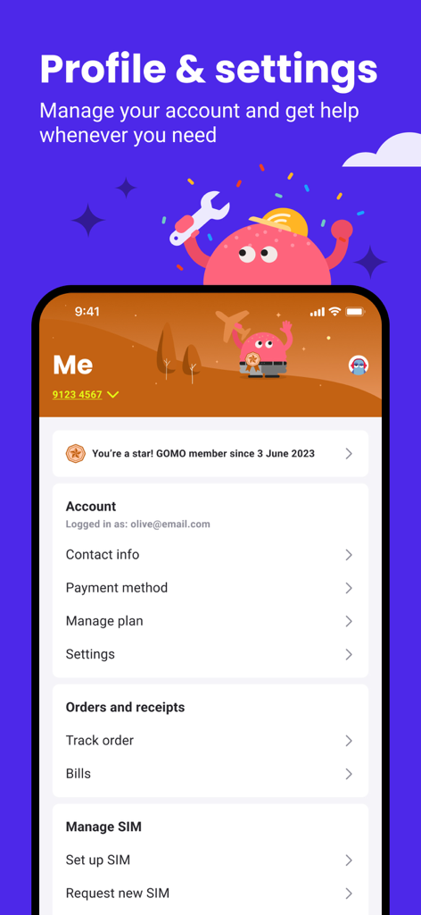 GOMO by Singtel profile and settings screen for account and SIM management