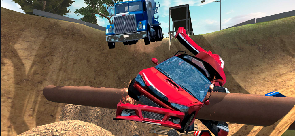 Beam Drive - Pit Car Crash - Un coche rojo chocando contra una gran tubería en un pozo de tierra con un camión azul al fondo