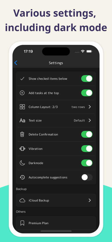 Shopii – Grocery Shopping List - Shopii 식료품 목록 앱의 설정 화면으로 다크 모드 및 레이아웃 사용자 정의 옵션 제공