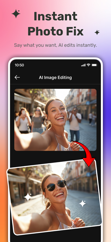 50+ AI Design Tools: MagicShot - MagicShot App-Oberfläche zeigt eine KI-Bildbearbeitungsfunktion, die einer Frauenporträt-Sonnenbrillen hinzufügt.