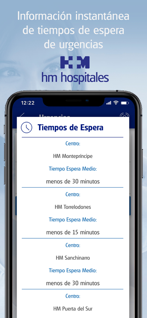 Pantalla de smartphone que muestra los tiempos de espera en tiempo real en las salas de urgencias de varios centros médicos de HM Hospitales.
