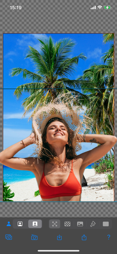 Background Replacer - ビーチにいる女性の写真が背景削除のために準備されている様子を示しているBackground Replacerアプリのインターフェイス