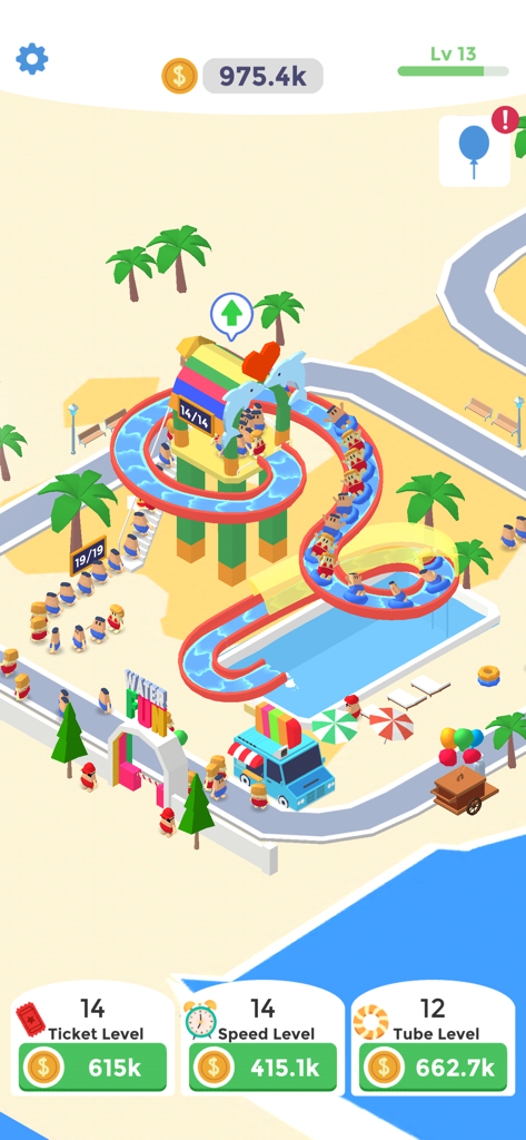 Idle AquaPark - Vista de cima de um toboágua colorido e interface de gerenciamento de piscina em Idle AquaPark
