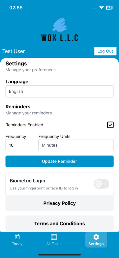 wowo - WOX - Einstellungen-Bildschirm der wowo-App mit Sprachpräferenzen, Erinnerungsoptionen und Umschalter für biometrische Anmeldung