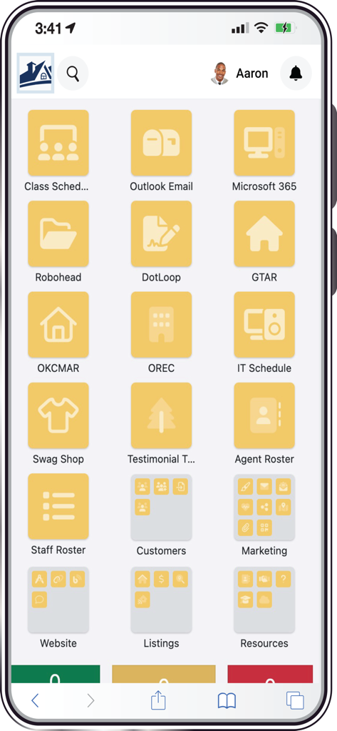 Uma interface móvel para o aplicativo DeltaNET exibindo uma grade de ferramentas de produtividade imobiliária, incluindo blocos de marketing por e-mail e gerenciamento de clientes