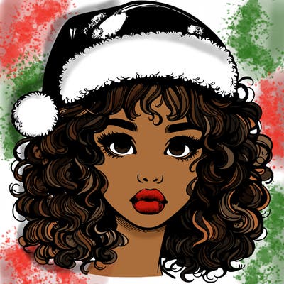 realistic girl with a santa hat curly hair and lips