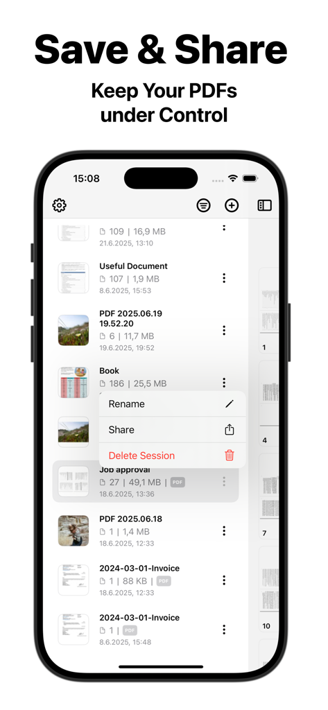 Image to PDF - Scan & Edit App - Captura de tela da lista de documentos no Compositor de PDF com um menu aberto mostrando opções para renomear compartilhar e excluir arquivos