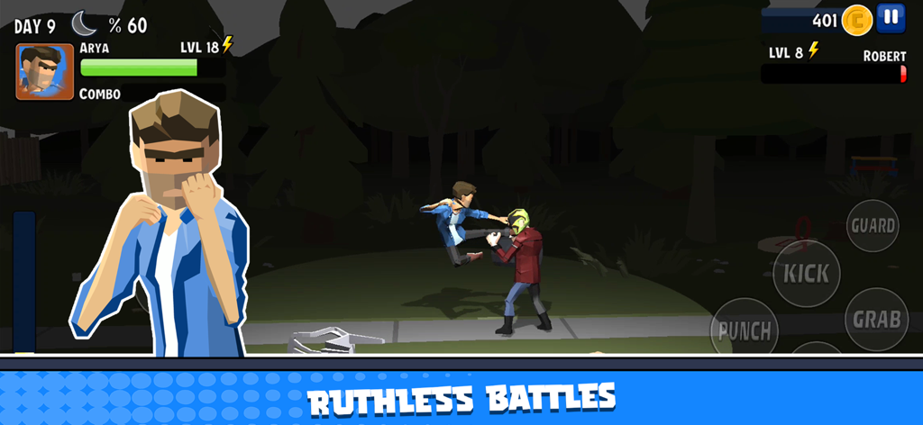 City Fighter vs Street Gang - A low-poly fighter performing a flying kick in an urban night setting