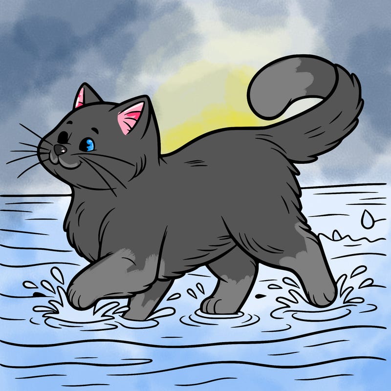 cat running in shallow water with a confident look
