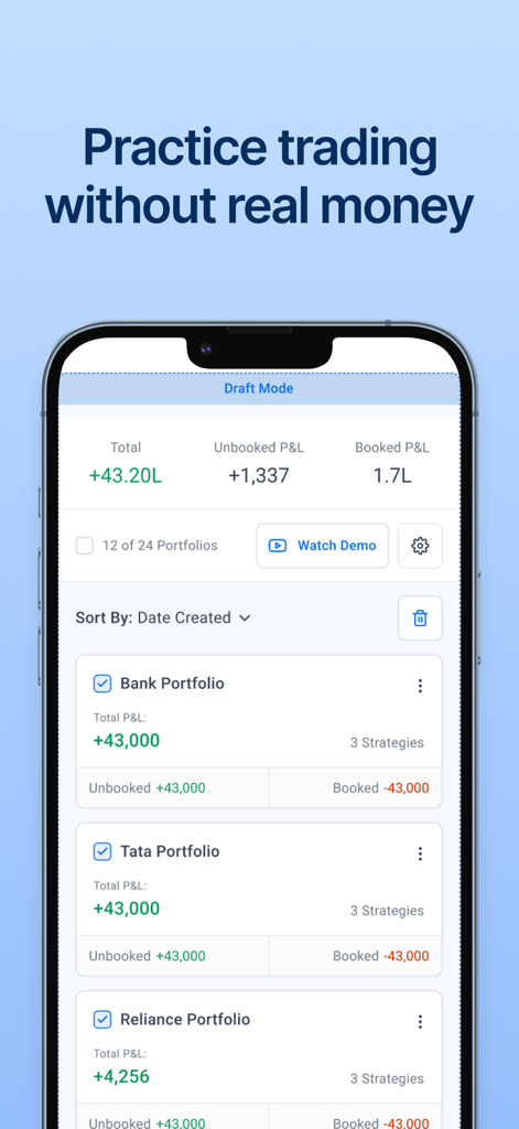 Sensibull for Options Trading - Interfaz de la aplicación Sensibull para trading de práctica sin dinero real con carteras en modo borrador.