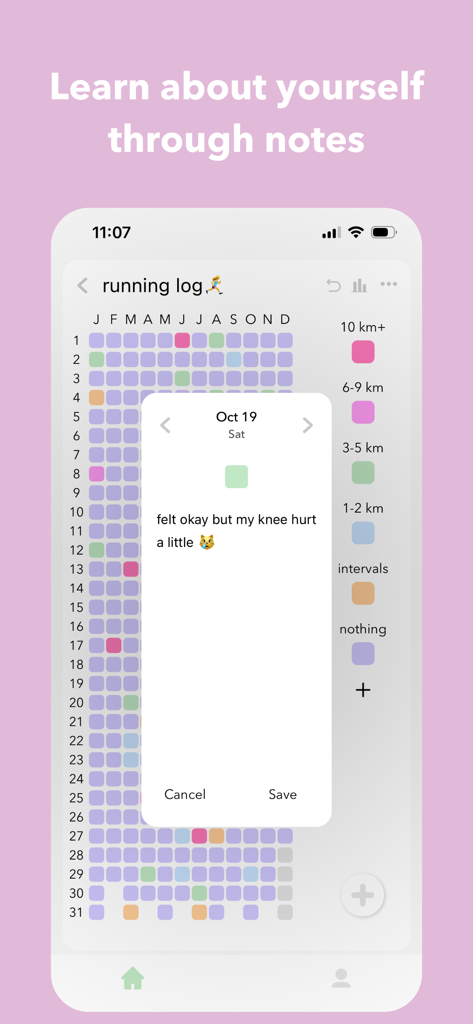 Pixa - My Year in Pixels - A screenshot of the Pixa app showing a running log pixel grid with a digital note attached to a specific day.