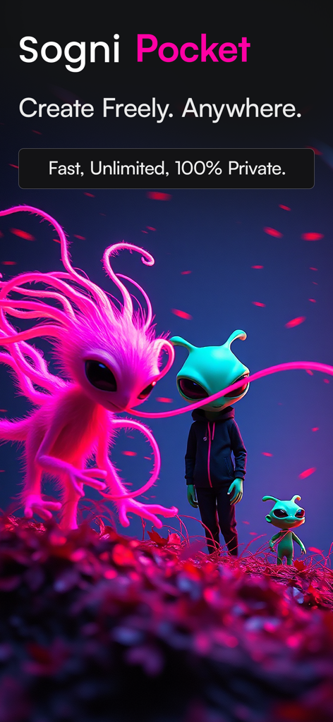 Sogni - AI Art Generator - Sogni Pocket app interface showcasing neon alien artwork with text highlighting private and unlimited art creation