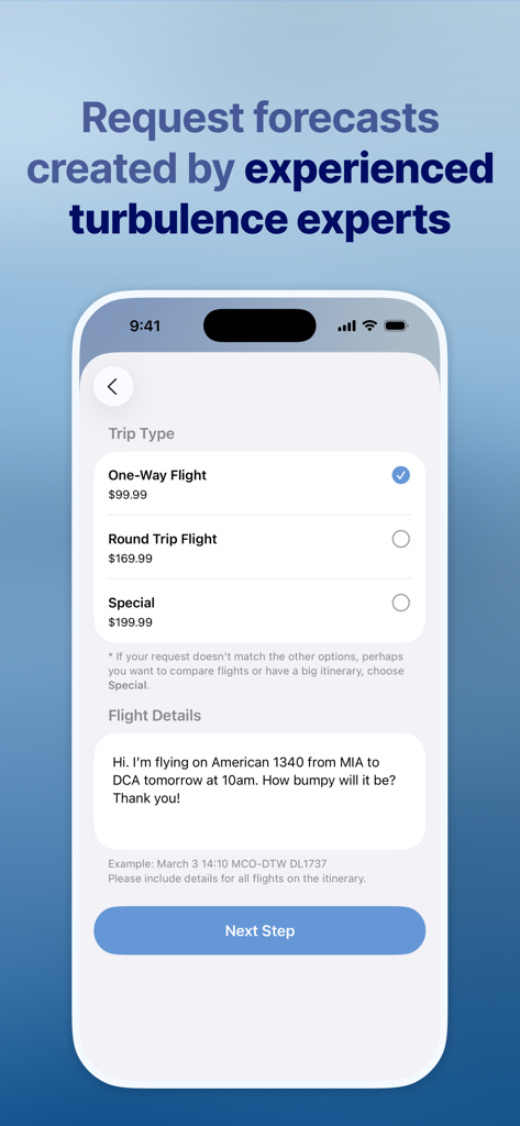 Turbulence Forecast - Pantalla de la aplicación Pronóstico de Turbulencia para solicitar informes de vuelo personalizados de expertos en aviación.