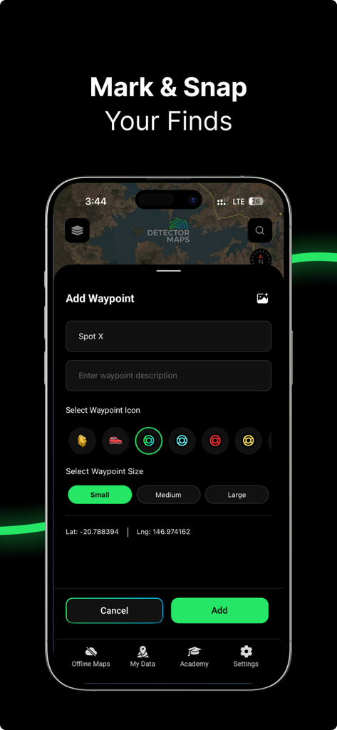 Detector Maps - Detector Maps App-Bildschirm zeigt, wie ein Wegpunkt für einen Fund markiert und gespeichert wird.
